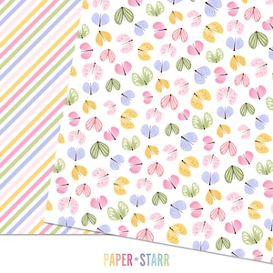 May include: A digital paper pack with two patterns. The first pattern is a striped pattern with pink, yellow, and blue stripes. The second pattern is a white background with a repeating pattern of colorful butterflies.