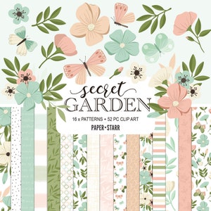 Lente digitaal papier, lente clipart, geheime tuin digitaal papier, bloemen digitaal papier, lente sticker, bloemen sticker, kaart maken aanbod