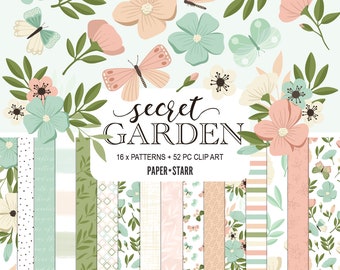 Spring Digital Paper, Spring Clipart, Secret Garden Digital Paper, Floral Digital Paper, Spring Sticker, Floral Sticker, Card Making Supply