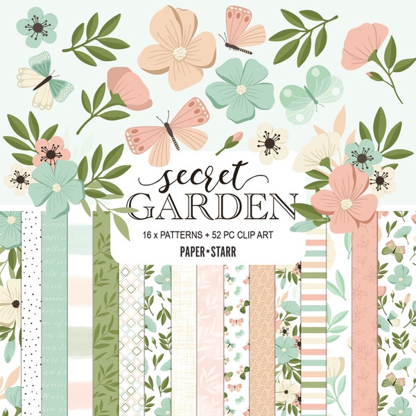 Spring Digital Paper, Spring Clipart, Secret Garden Digital Paper, Floral Digital Paper, Spring Sticker, Floral Sticker, Card Making Supply