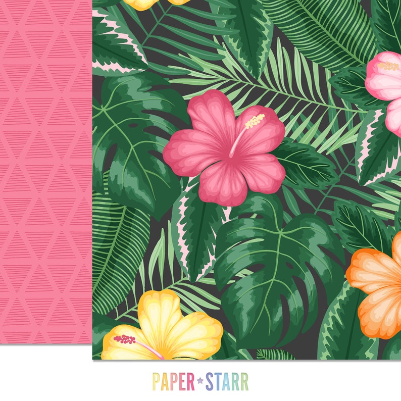 May include: A seamless pattern featuring tropical leaves and hibiscus flowers in shades of pink, yellow, and orange. The background is a dark gray color.