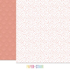 May include: Two digital paper patterns. The left pattern is a light pink background with a repeating pattern of white stylized flower shapes. The right pattern is a white background with a repeating pattern of small, light pink dots.