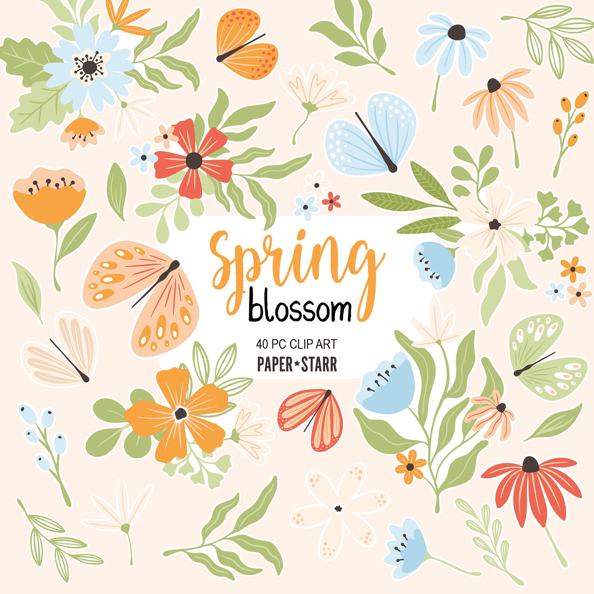 Spring Clipart, Floral Clip Art, Butterfly Clipart, Spring PNG Files ...