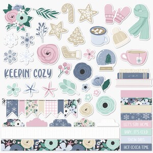 May include: A set of digital stickers featuring winter and holiday themes. The stickers include snowflakes, a Christmas tree, a candy cane, a mug of hot chocolate, a winter hat, mittens, a scarf, a snow globe, a stack of books, a banner, and floral designs. The text "KEEPIN' COZY" is included in the image.