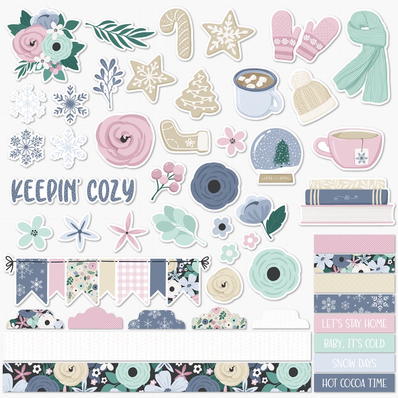May include: A set of digital stickers featuring winter and holiday themes. The stickers include snowflakes, a Christmas tree, a candy cane, a mug of hot chocolate, a winter hat, mittens, a scarf, a snow globe, a stack of books, a banner, and floral designs. The text "KEEPIN' COZY" is included in the image.
