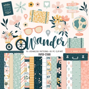 Travel Digital Paper and Travel Clipart Set, Floral Digital Paper, Floral Clipart, Vacation Patterns, Floral Backgrounds, Spring Floral