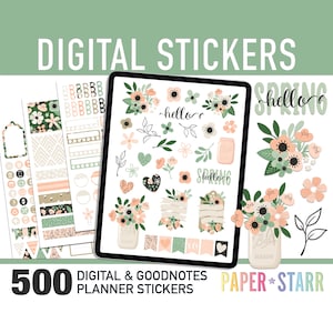 500 Spring Floral Digital Planner Stickers for Goodnotes & other digital planners. Spring Planner Sticker, Cropped PNG files, Goodnotes Book
