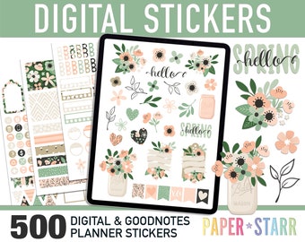 500 Spring Floral Digital Planner Stickers for Goodnotes & other digital planners. Spring Planner Sticker, Cropped PNG files, Goodnotes Book