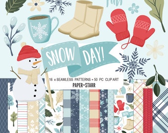 Papier numérique de Noël, Clipart de Noël, papier numérique d'hiver, Clipart d'hiver, fond de neige, motifs de Noël, autocollants d'hiver