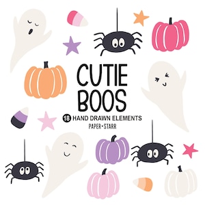 May include: A collection of hand-drawn Halloween elements, including ghosts, pumpkins, spiders, stars, and candy corn. The phrase "Cutie Boos" is displayed in bold black letters. The image is a whimsical design with a white background.
