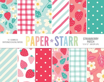 Papel digital de verano, papel digital de fresa, patrones florales de verano, papel de álbum de recortes de verano, papel para hacer tarjetas, fondo de fresa