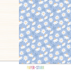 May include: A digital paper pack with two designs. The first design is a white and light orange striped pattern. The second design is a light blue background with a white daisy pattern. The text "PAPER + STARR" is at the bottom of the image.