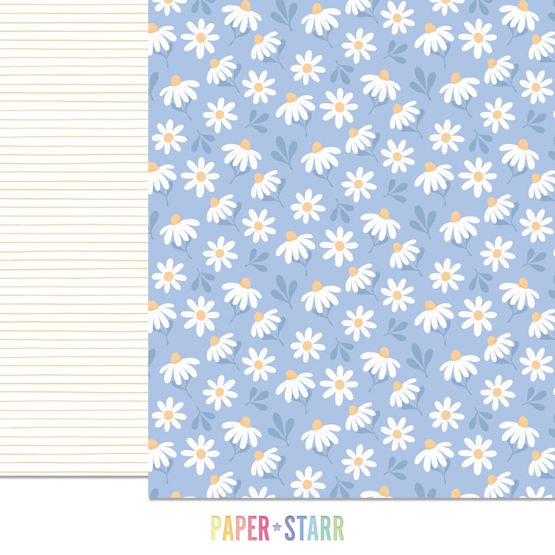 May include: A digital paper pack with two designs. The first design is a white and light orange striped pattern. The second design is a light blue background with a white daisy pattern. The text "PAPER + STARR" is at the bottom of the image.