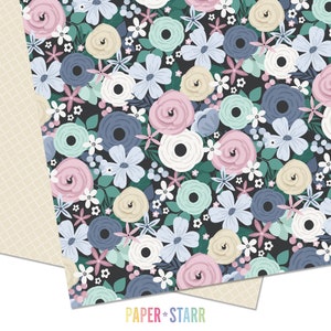 May include: A seamless pattern featuring a variety of flowers in shades of blue, pink, white, and cream on a dark green background. The flowers are arranged in a random pattern and include small and large blooms.