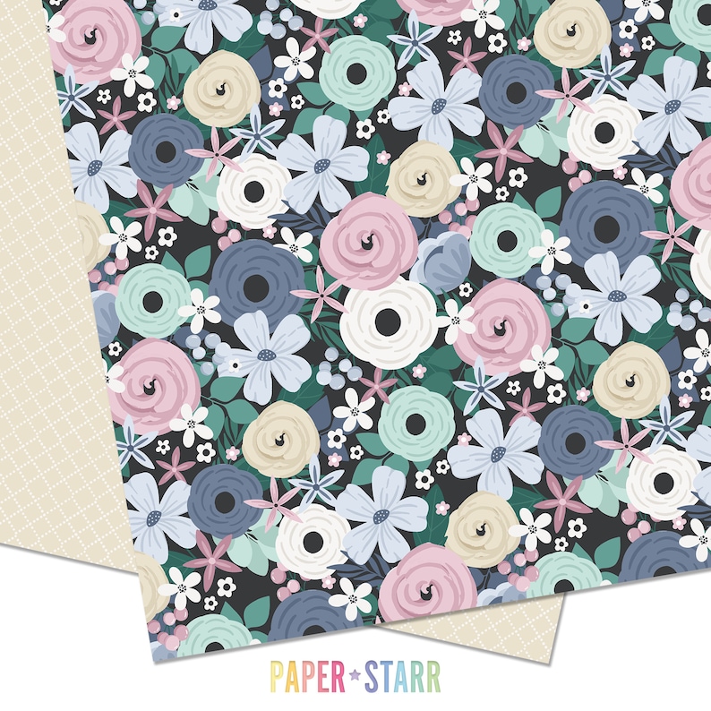 May include: A seamless pattern featuring a variety of flowers in shades of blue, pink, white, and cream on a dark green background. The flowers are arranged in a random pattern and include small and large blooms.