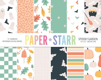 Spooky Garden Halloween Digital Paper Pack – Cute Ghosts, Pumpkins, Bats & Fall Patterns – 12 Seamless 12x12” JPG Backgrounds