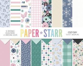 May include: A set of 24 digital papers featuring winter-themed patterns in blue, green, pink, and white. The patterns include snowflakes, stars, plaid, floral, and geometric designs. The text "PAPER STARR" and "COZY DAY 12 x 12" 300 DPI JPG" is included in the image.