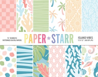 May include: 12 digital paper designs with tropical and ocean themes.  The designs include palm trees, seashells, coral, and rainbows.  The papers are 12 x 12 inches and 300 DPI.