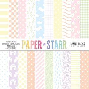 Pastel Digital Paper Bundle, Pastel Rainbow Colours, Pastel Patterns, Pastel Backgrounds, Daisy Digital Paper, Chequered Digital Paper