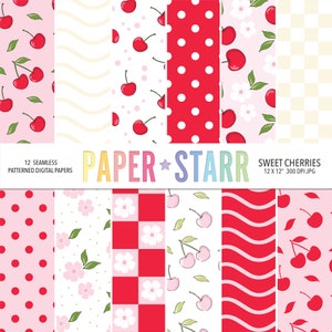 Kersen digitaal papier, zomer digitaal papier, zomerfruitpatronen, kersenachtergrond, kersenpatroon, fruitachtergrond, digitaal papierpakket