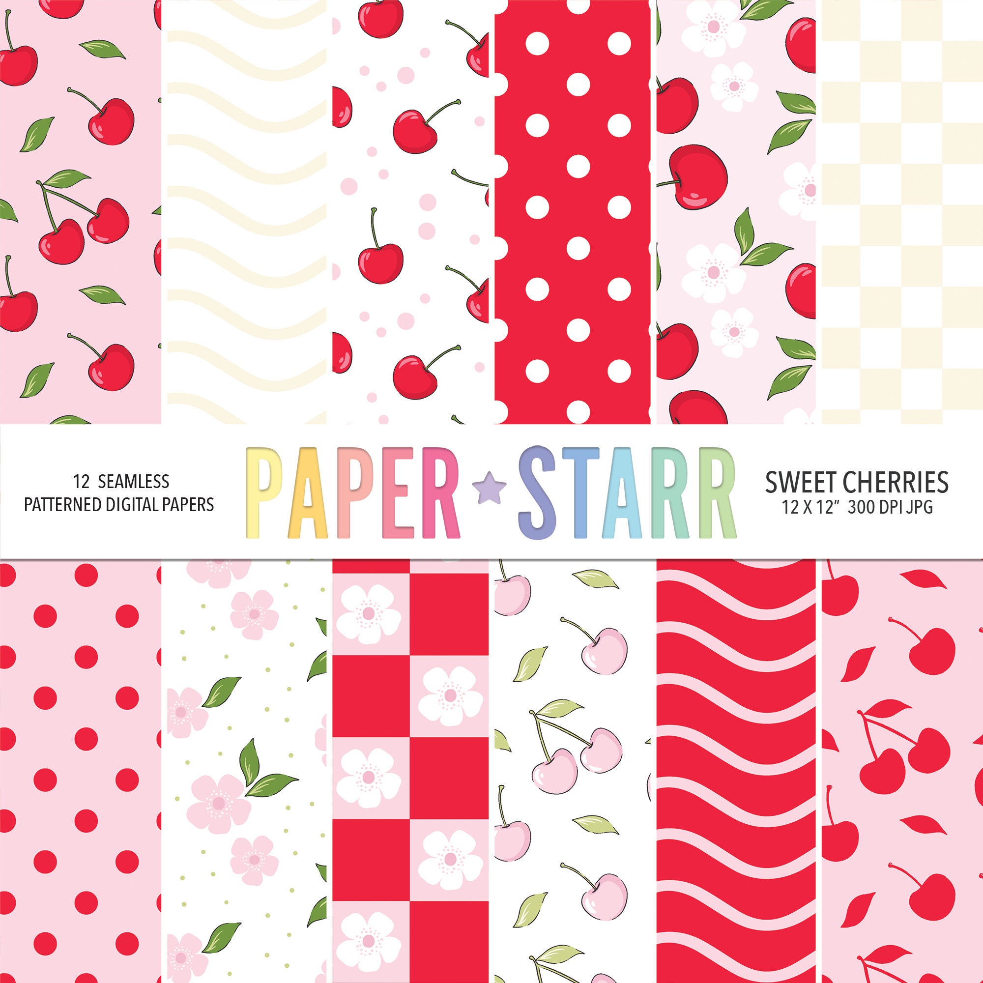 Cherry Digital Paper, Summer Digital Paper, Summer Fruit Patterns, Cherry Background, Cherry Pattern, Fruit Background, Digital Paper Pack