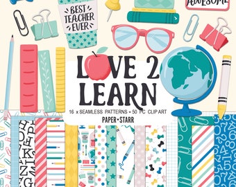 May include: A digital clipart set for teachers and educators featuring 16 seamless patterns and 50 clipart images. The patterns include colorful designs with school supplies, stars, polka dots, and more. The clipart includes images of a globe, apple, pencils, rulers, and more. The text "Love 2 Learn" is featured in the center of the image.