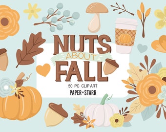 May include: A set of 50 fall-themed clip art images. The images include pumpkins, acorns, leaves, flowers, a coffee cup, a mushroom, and the text "Nuts About Fall".
