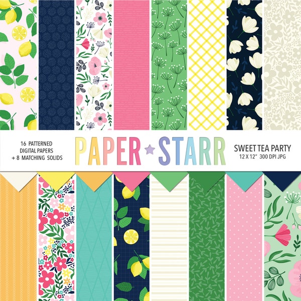 Spring Digital Paper, Floral Digital Paper, Lemonade Digital Paper, Garden Party Pattern, Spring Party Decor, Card Making Supplies