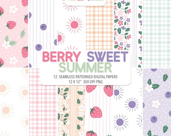 Paquete de papeles digitales Summer Berry para scrapbooking. Papel digital de fresas, papel digital de arándanos para manualidades con papel, scrapbooking y más.