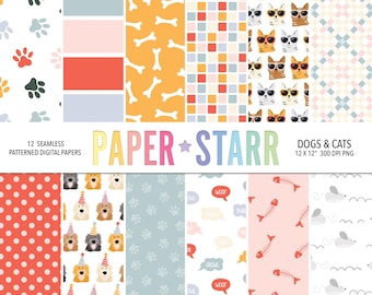 Best Friends Cat Dog Digital Paper Bundle, Digital Paper for Scrapbooking, Planner Sticker, Pet Birthday Craft, Cute Animal Seamless Pattern