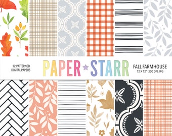 Puede incluir: Doce patrones de papel digital en una variedad de estilos, incluyendo hojas de otoño, cuadros y diseños geométricos. Los papeles son de 12x12 pulgadas y 300 DPI. El texto "PAPER STAR" está en el centro de la imagen.