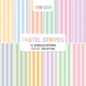May include: A digital design featuring twelve seamless pastel stripe patterns. The stripes are vertical and in various colors, including yellow, blue, pink, and green. The text "PASTEL STRIPES" is displayed, along with the dimensions 12 x 12 inches.