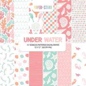 Tropical Summer Digital Paper Pack for Scrapbooking. Underwater Theme with Seashells, Seahorses and Coral in Bright Summer Colours