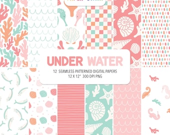 Paquete de papel digital tropical de verano para scrapbooking. Tema submarino con conchas, caballitos de mar y corales en vibrantes colores veraniegos.