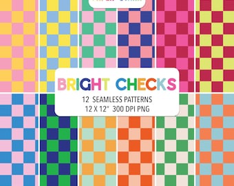 May include: A digital collection of 12 seamless checkered patterns labeled BRIGHT CHECKS and PAPER STARR. The image displays various color combinations including pink, yellow, blue, green, and orange squares in 12 x 12 inch 300 DPI PNG format.