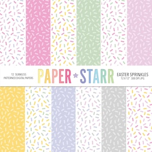 Puede incluir: Doce diseños de papel digital con un patrón sin costuras de chispas coloridas sobre un fondo blanco. Los papeles son de 12 x 12 pulgadas y 300 DPI. El texto "PAPER STAR" se muestra en una pancarta colorida en la parte superior de la imagen.