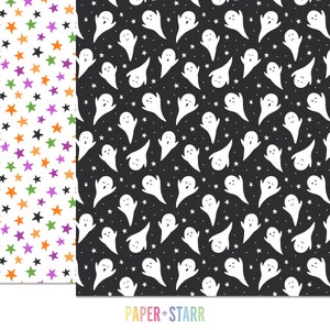 Puede incluir: Dos patrones sin costuras, uno con fantasmas blancos sobre un fondo negro y el otro con estrellas de colores sobre un fondo blanco. El texto "PAPER + STARR" est&aacute; en la parte inferior de la imagen.