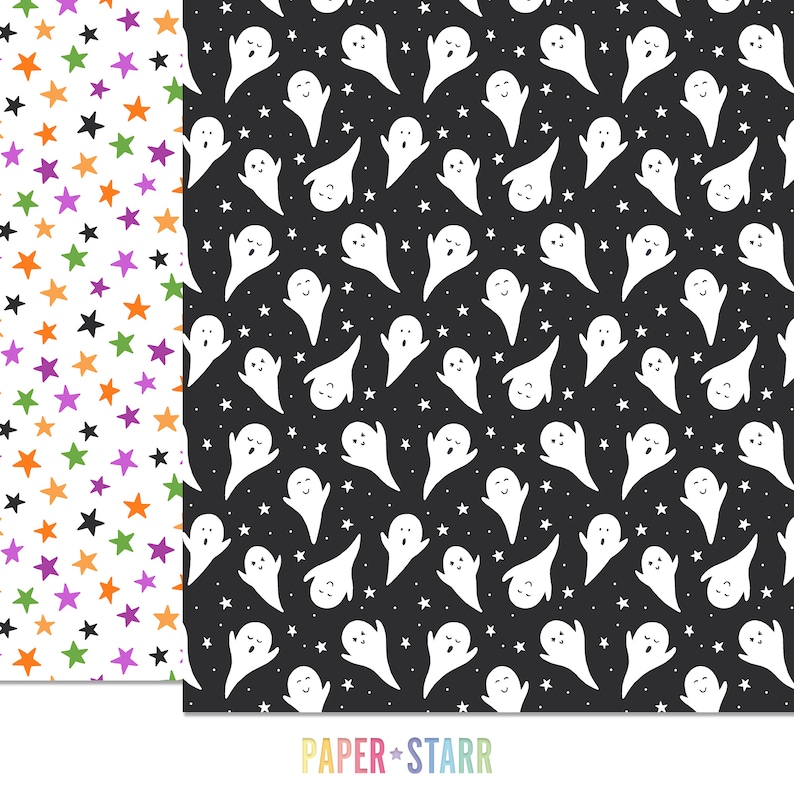 Puede incluir: Dos patrones sin costuras, uno con fantasmas blancos sobre un fondo negro y el otro con estrellas de colores sobre un fondo blanco. El texto "PAPER + STARR" est&aacute; en la parte inferior de la imagen.