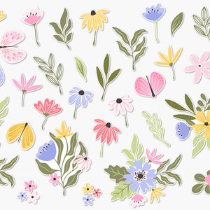 May include: A collection of colorful floral and butterfly stickers. The stickers feature a variety of flowers in pink, yellow, blue, and purple, as well as butterflies in pink, blue, and yellow.