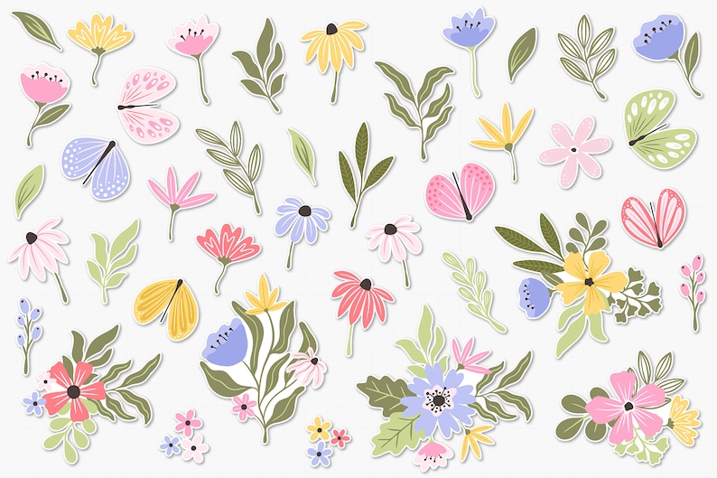 May include: A collection of colorful floral and butterfly stickers. The stickers feature a variety of flowers in pink, yellow, blue, and purple, as well as butterflies in pink, blue, and yellow.