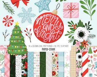 May include: A digital paper pack with 16 seamless patterns and 50 clipart images featuring a red ornament with the text "Merry and Bright", a Christmas tree with lights, a candy cane, a snowflake, a bow, a flower, and a gift box. The patterns include red, green, white, and blue colors.