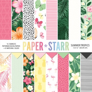 Zomer digitaal papier, tropisch digitaal papier, tropische bloemenpatronen, zomerpatroon, flamingopatroon, vlinderpatroon, tropisch fruit