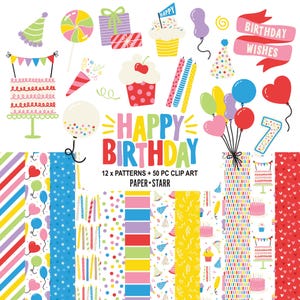 May include: A set of 12 colourful patterns and 50 clip art images for birthday celebrations. The clip art includes a cupcake, candles, balloons, a cake, a party hat, a swirl, a gift box, a lollipop, and the number 7. The patterns include stripes, polka dots, stars, and confetti.