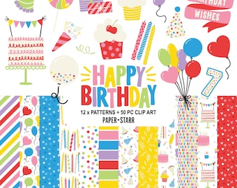 Papel digital y conjunto de imágenes prediseñadas de cumpleaños, gráficos para invitaciones de fiesta, papel para hacer tarjetas de cumpleaños, decoración para fiestas, papel de regalo de cumpleaños.