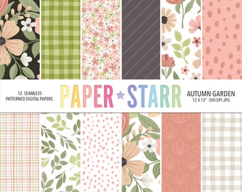 Fall Digital Paper, Autumn Digital Paper, Fall Floral Patterns, Fall Leaf Pattern, Autumn Flowers, Fall Gingham Pattern, Fall Paper Crafting