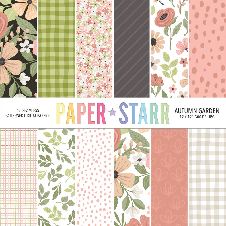 May include: A set of 12 digital paper patterns featuring floral, geometric, and polka dot designs in shades of pink, green, and brown. The patterns are seamless and perfect for crafting projects, scrapbooking, and digital design. The text "PAPER STAR" is displayed in a rainbow font.