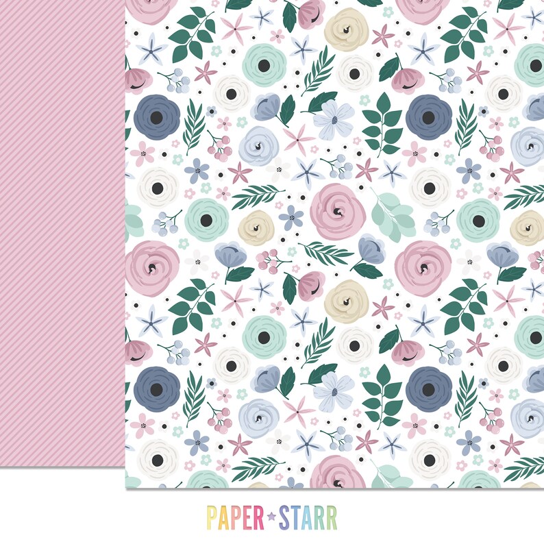 May include: A seamless pattern featuring a variety of pastel-coloured flowers, including pink, blue, and green, on a white background. The flowers are arranged in a repeating pattern, creating a delicate and feminine design.