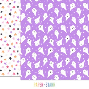 Puede incluir: Dos patrones sin costuras, uno con estrellas blancas sobre un fondo blanco y el otro con fantasmas blancos sobre un fondo morado. El texto "PAPER + STARR" est&aacute; en la parte inferior de la imagen.