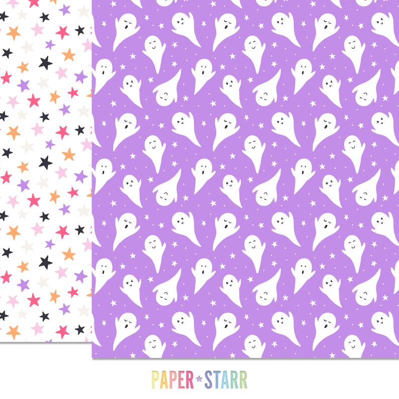 Puede incluir: Dos patrones sin costuras, uno con estrellas blancas sobre un fondo blanco y el otro con fantasmas blancos sobre un fondo morado. El texto "PAPER + STARR" est&aacute; en la parte inferior de la imagen.