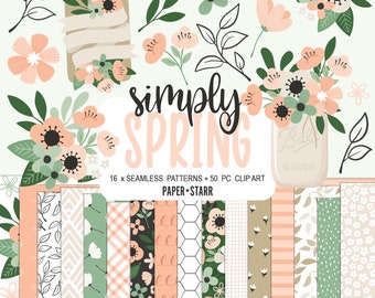 Spring Digital Paper, Spring Floral Clipart, Floral Digital Paper, Mother&#39;s Day Card Making, Spring Floral Stickers, Floral Scrapbook Paper